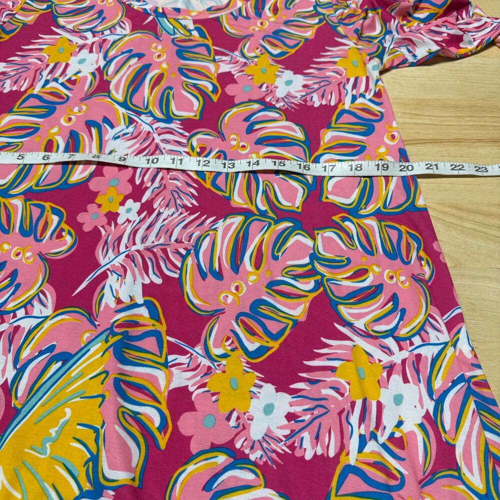 Simply Southern Palm Leaf Parrot Print Shark Bite Blouse Size S 3/4 Sleeve Pink View 5